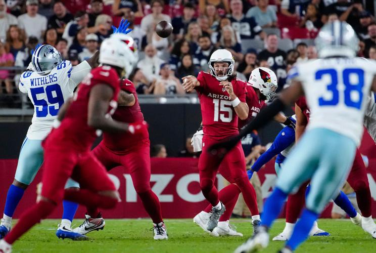 Cardinals quarterback Gardner Minshew II (15) throws a pass against the Cowboys during a preseason game at State Farm Stadium in Glendale, Ariz. on August 22, 2026.
