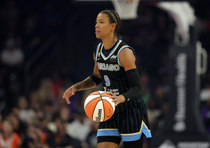 Chicago Sky guard Natasha Cloud (9) against the Phoenix Mercury at Mortgage Matchup Center in Phoenix on July 7, 2026.