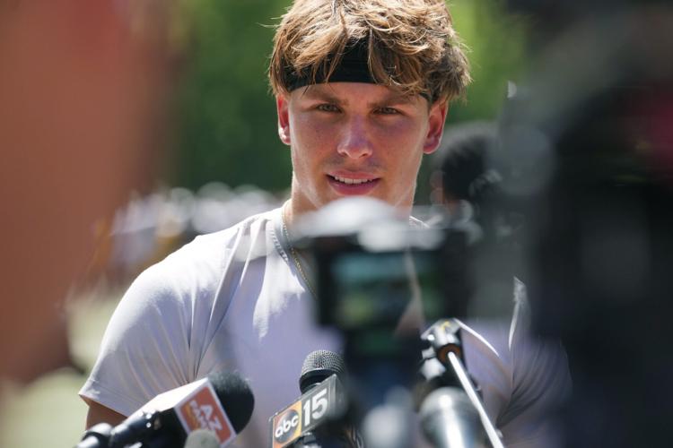 ASU quarterback Sam Leavitt speaks to the media after the team held their first day of practice at Camp Tontozona on Aug. 6,