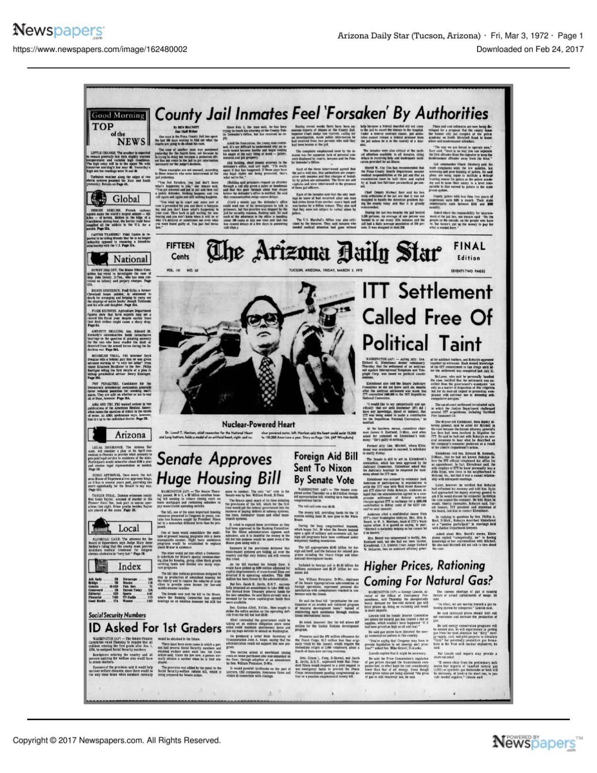 Arizona Daily Star front page March 3, 1972