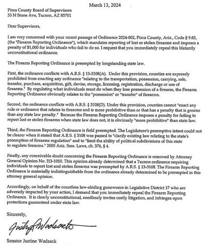 AZ lawmaker Justine Wadsack's letter to the Pima County Board of Supervisors