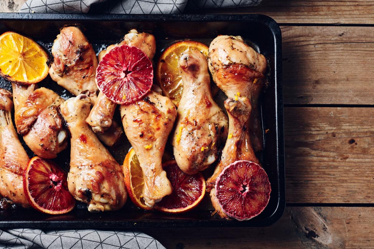 Baked chicken with blood oranges