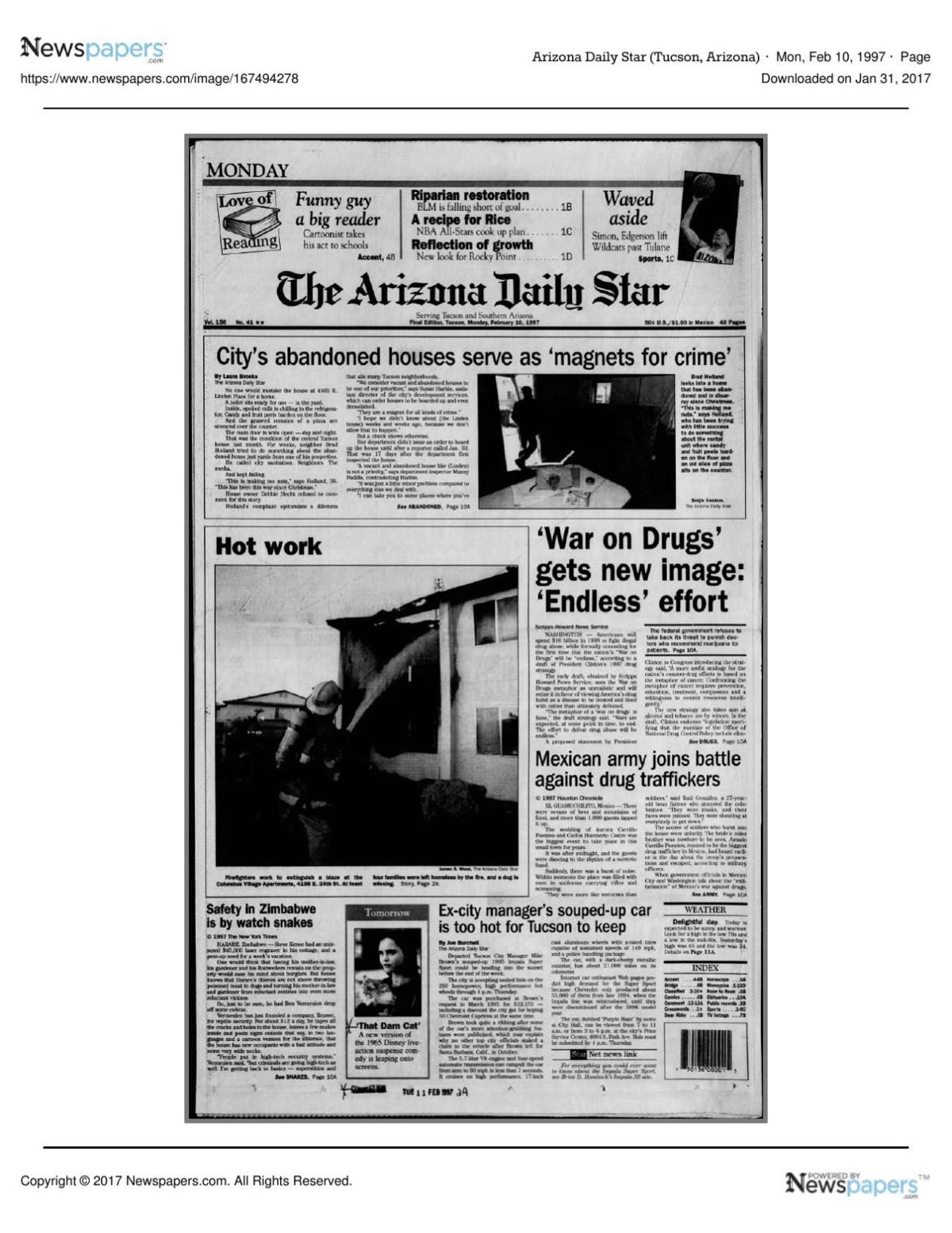 Arizona Daily Star front page Feb. 10, 1997