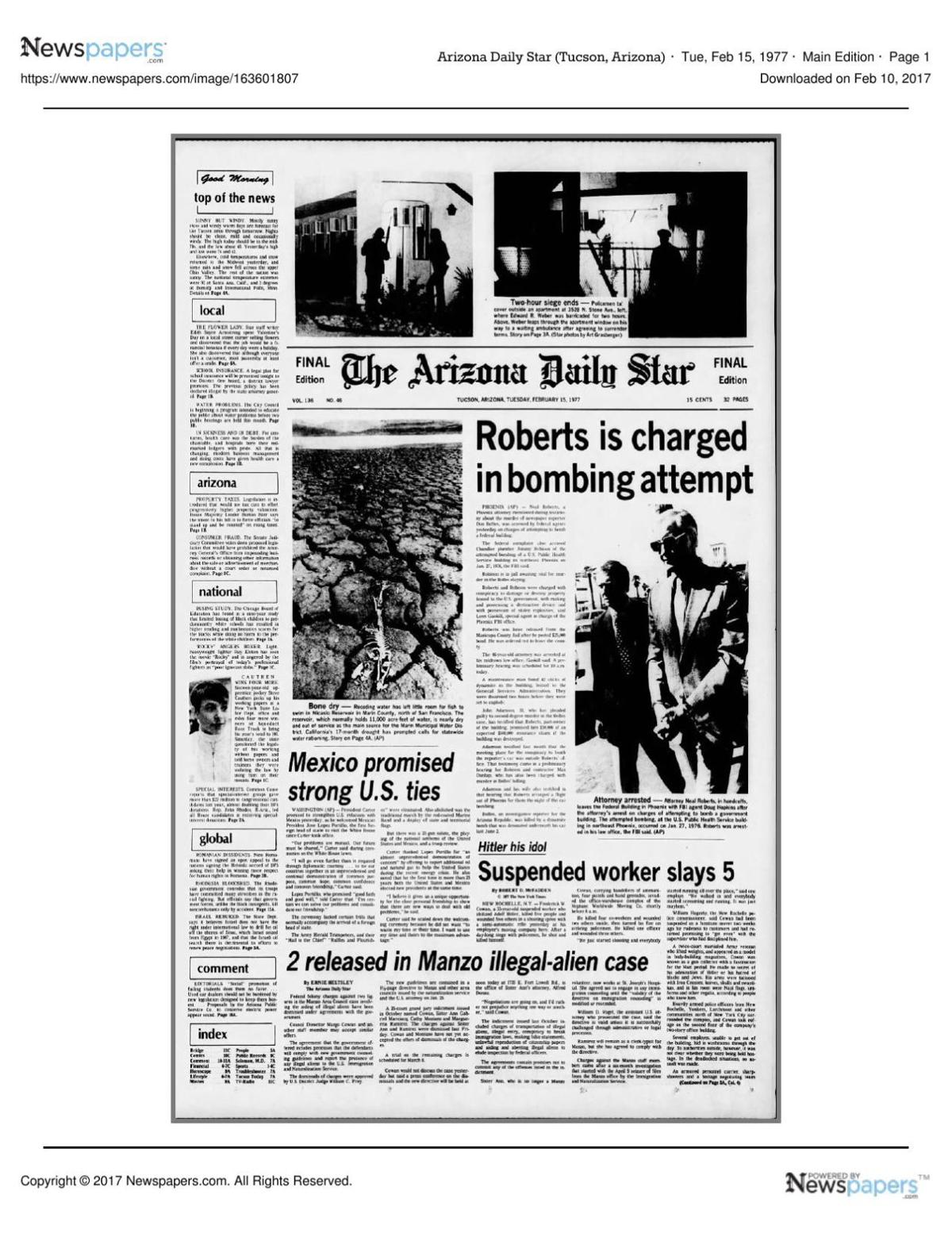 Arizona Daily Star front page Feb. 14, 1977