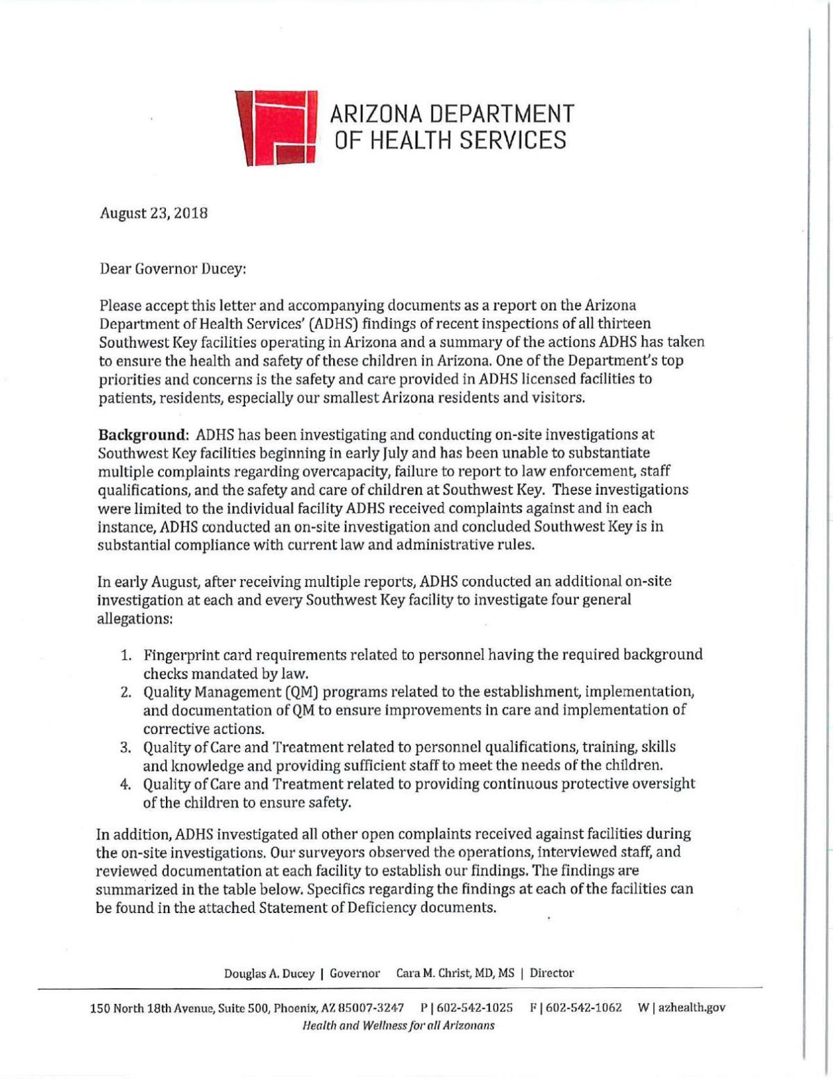 ADHS Southwest Key report