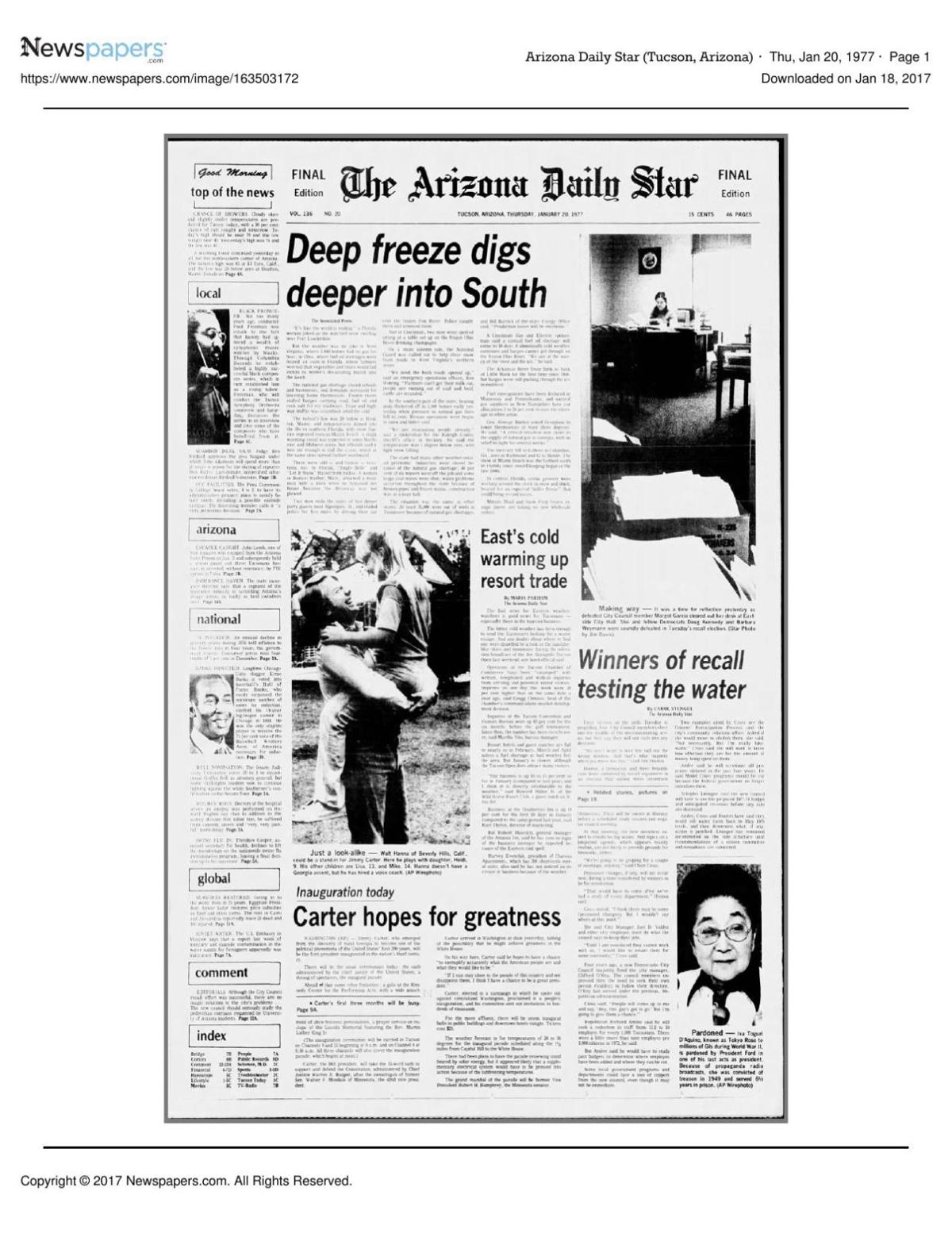 Arizona Daily Star front page Jan. 20, 1977