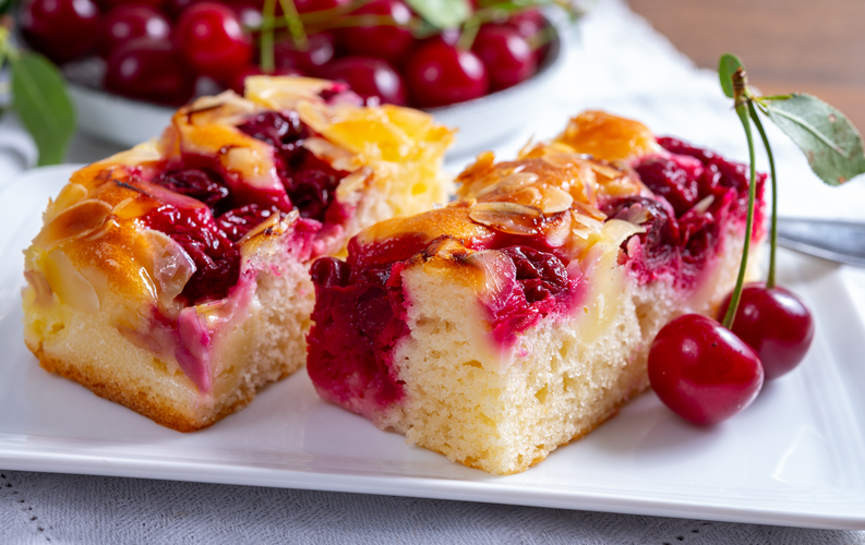 Dessert with sour cherries