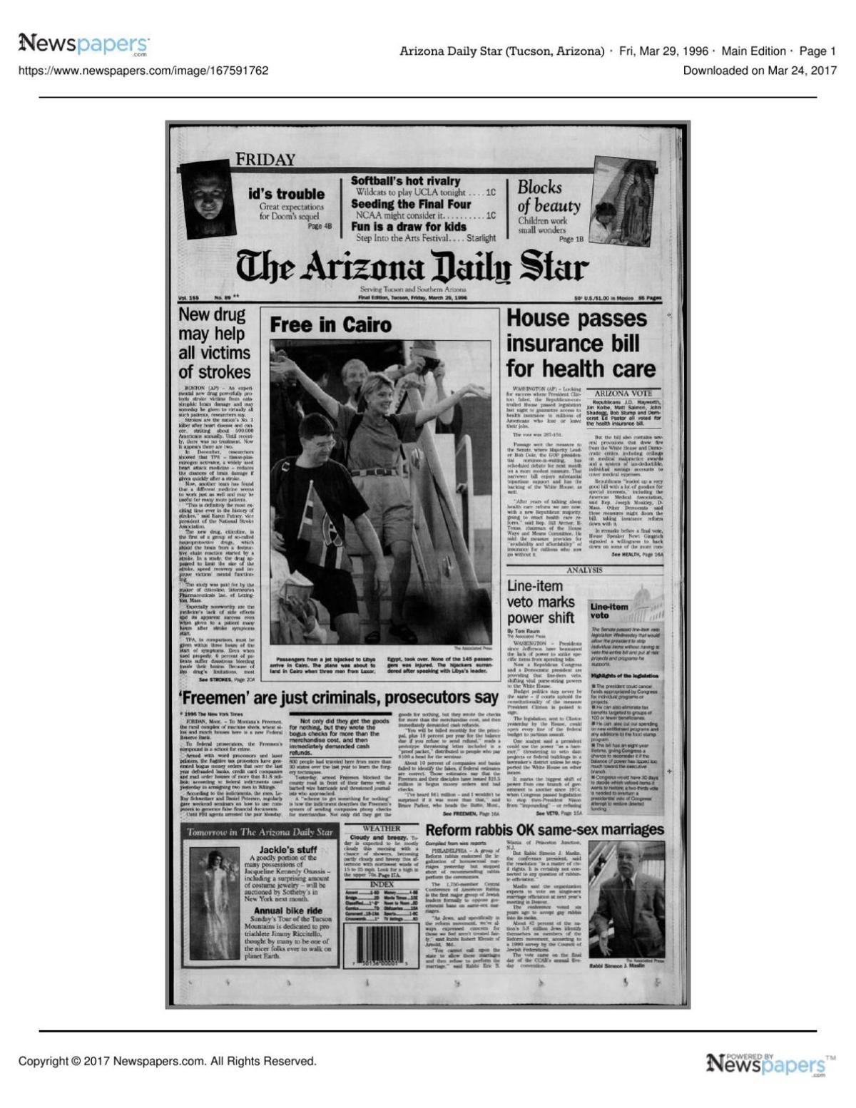 Arizona Daily Star front page March 29, 1996