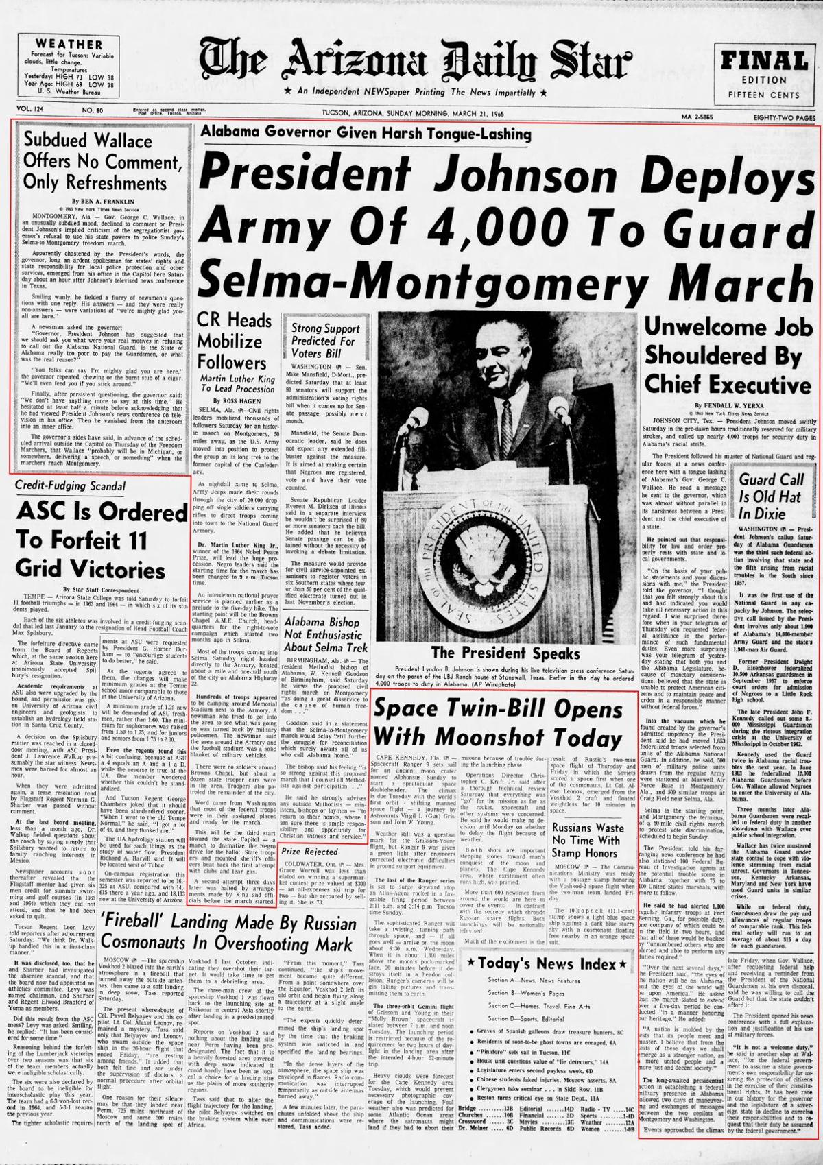 Sunday, March 21, 1965, front page: Truman deploys troops to protect Civil Rights march