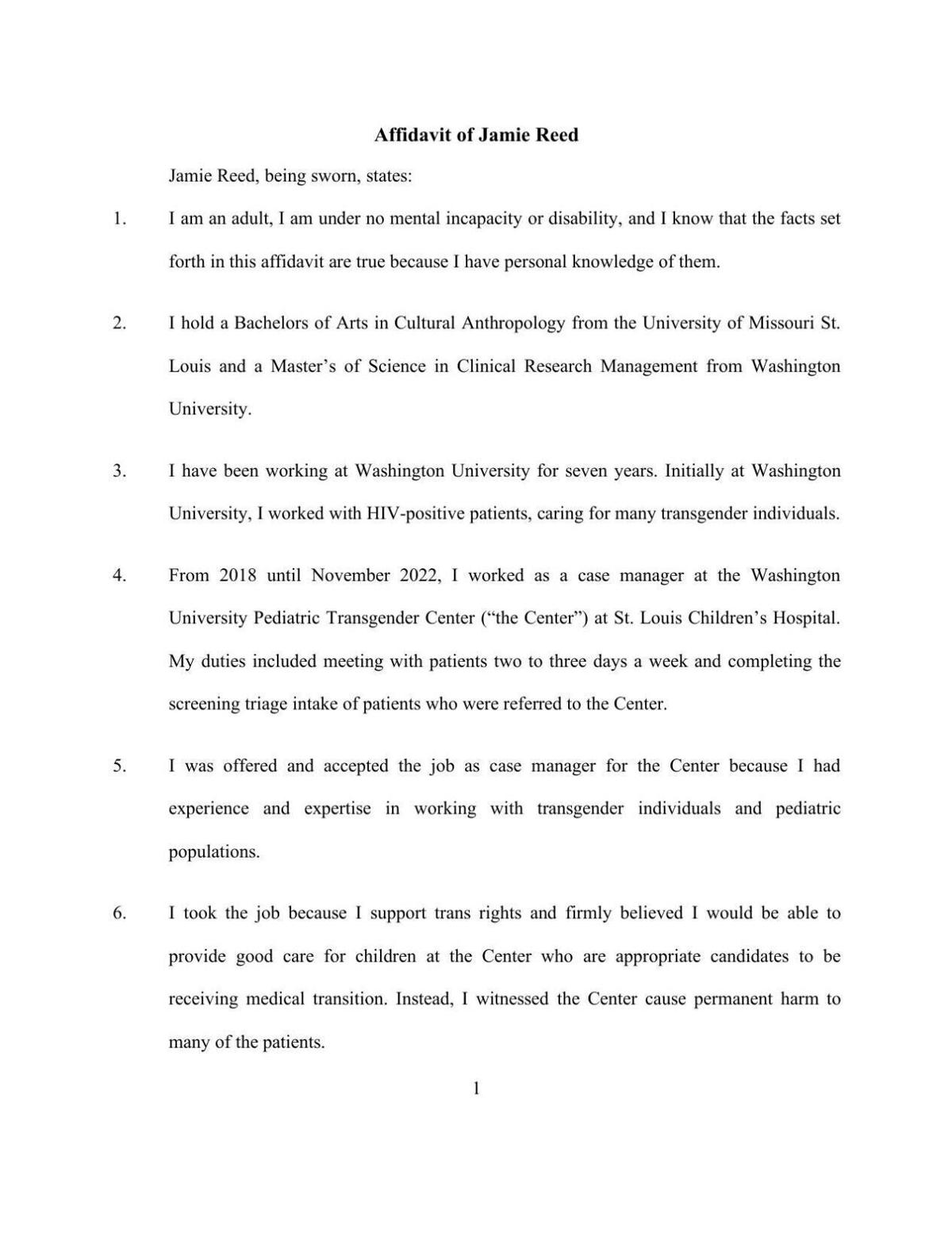 Jamie Reed affidavit, released by Missouri attorney general