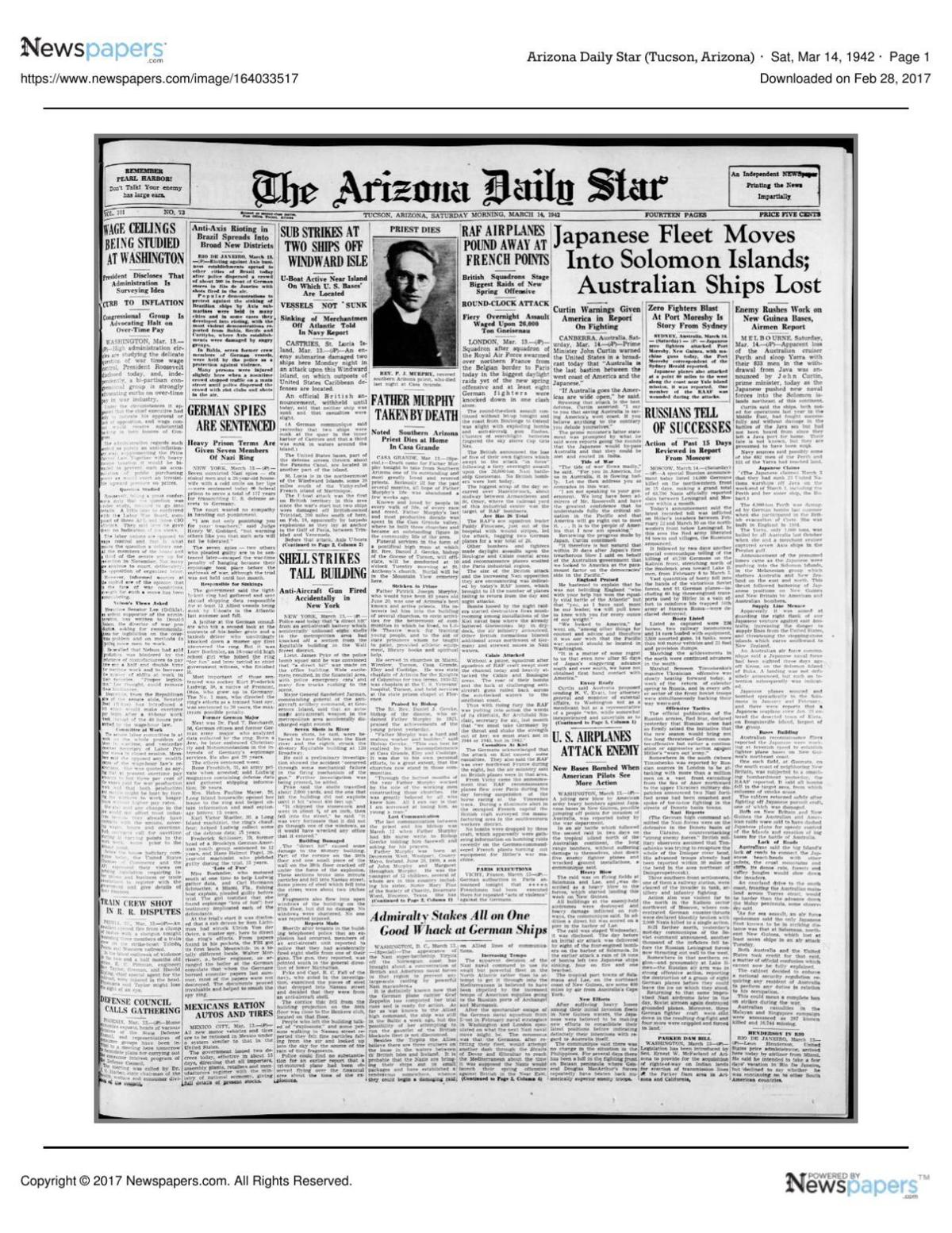 Arizona Daily Star front page March 14, 1942
