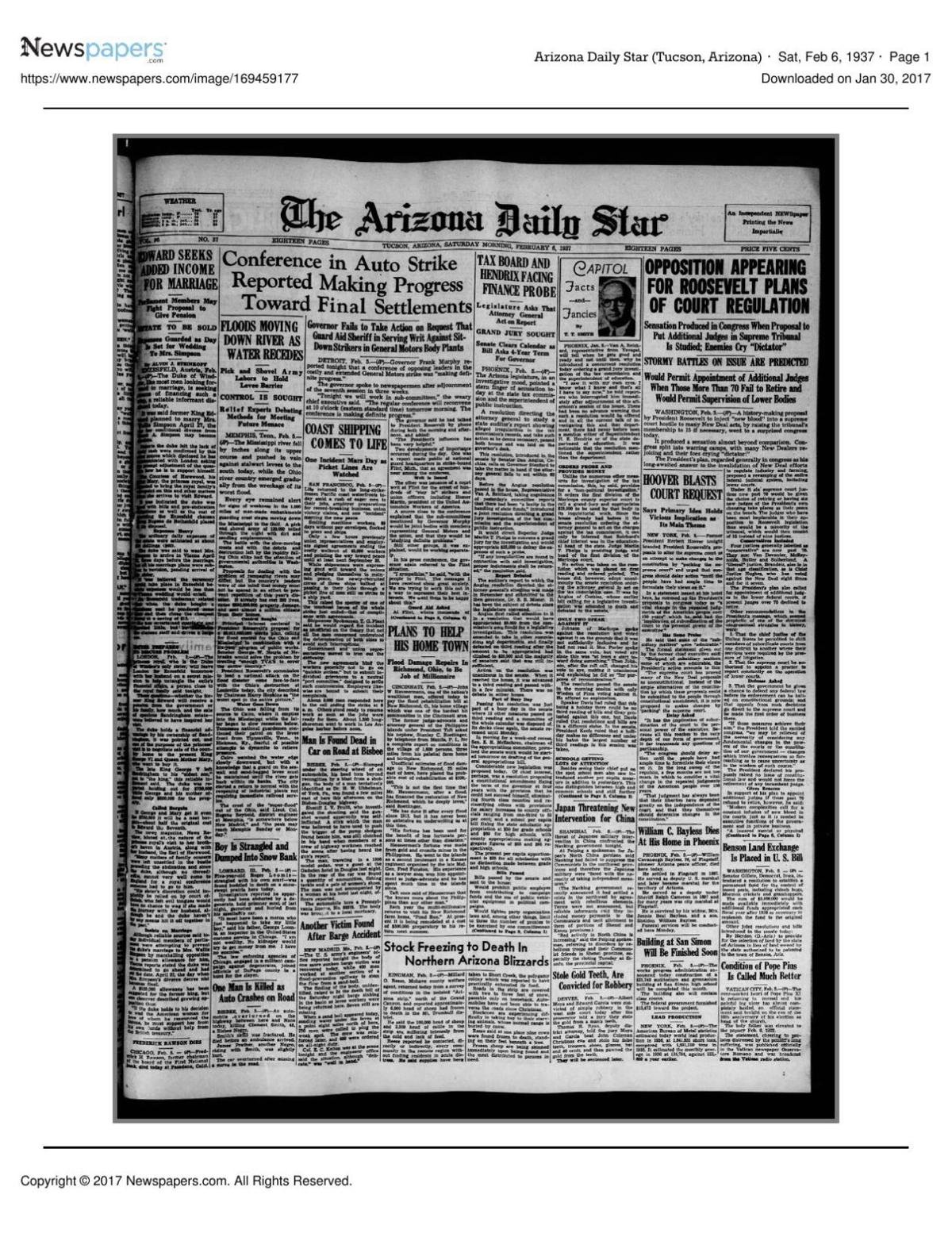 Arizona Daily Star front page Feb. 6, 1937