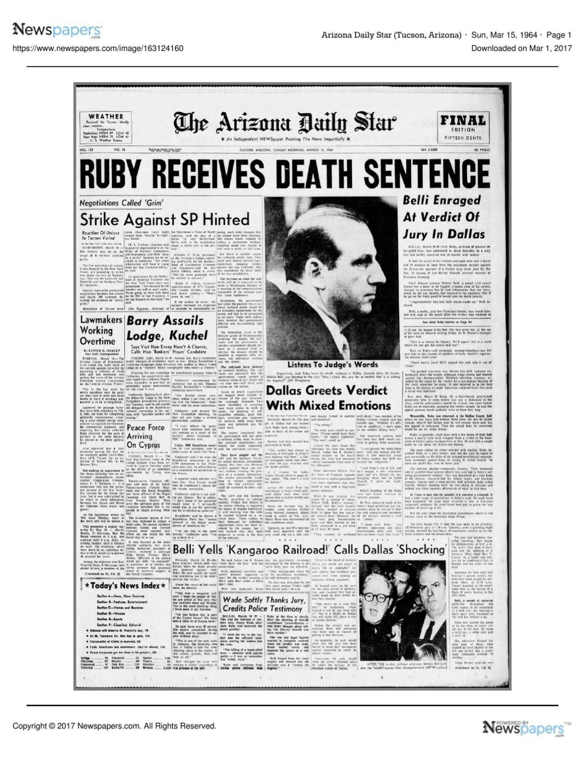 Arizona Daily Star front page March 15, 1964