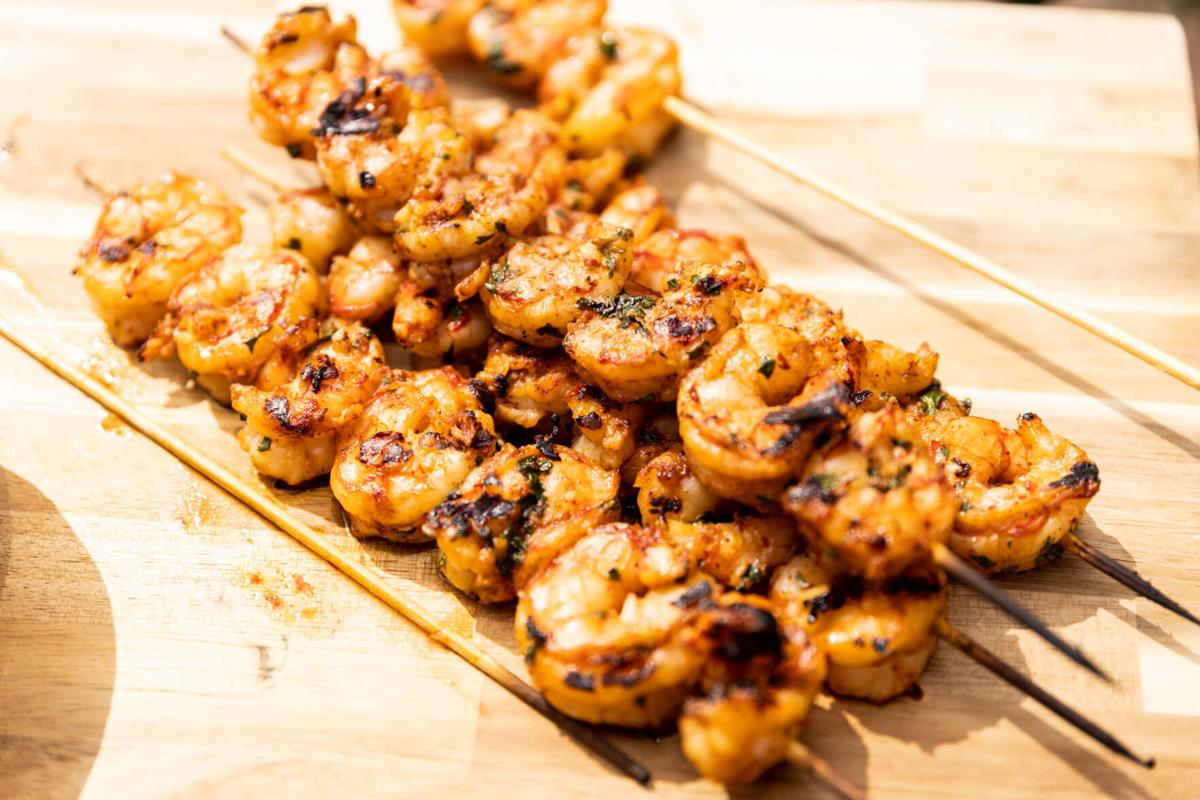 Transform Taco Tuesday with these grilled, honey-lime shrimp kabob-topped tacos