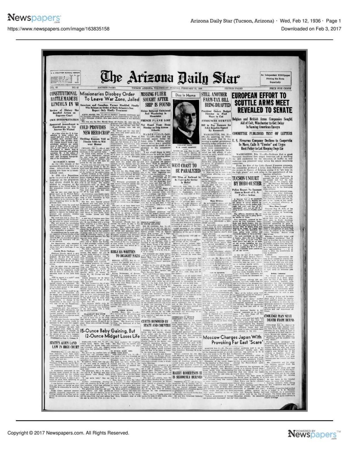 Arizona Daily Star front page Feb. 12, 1936