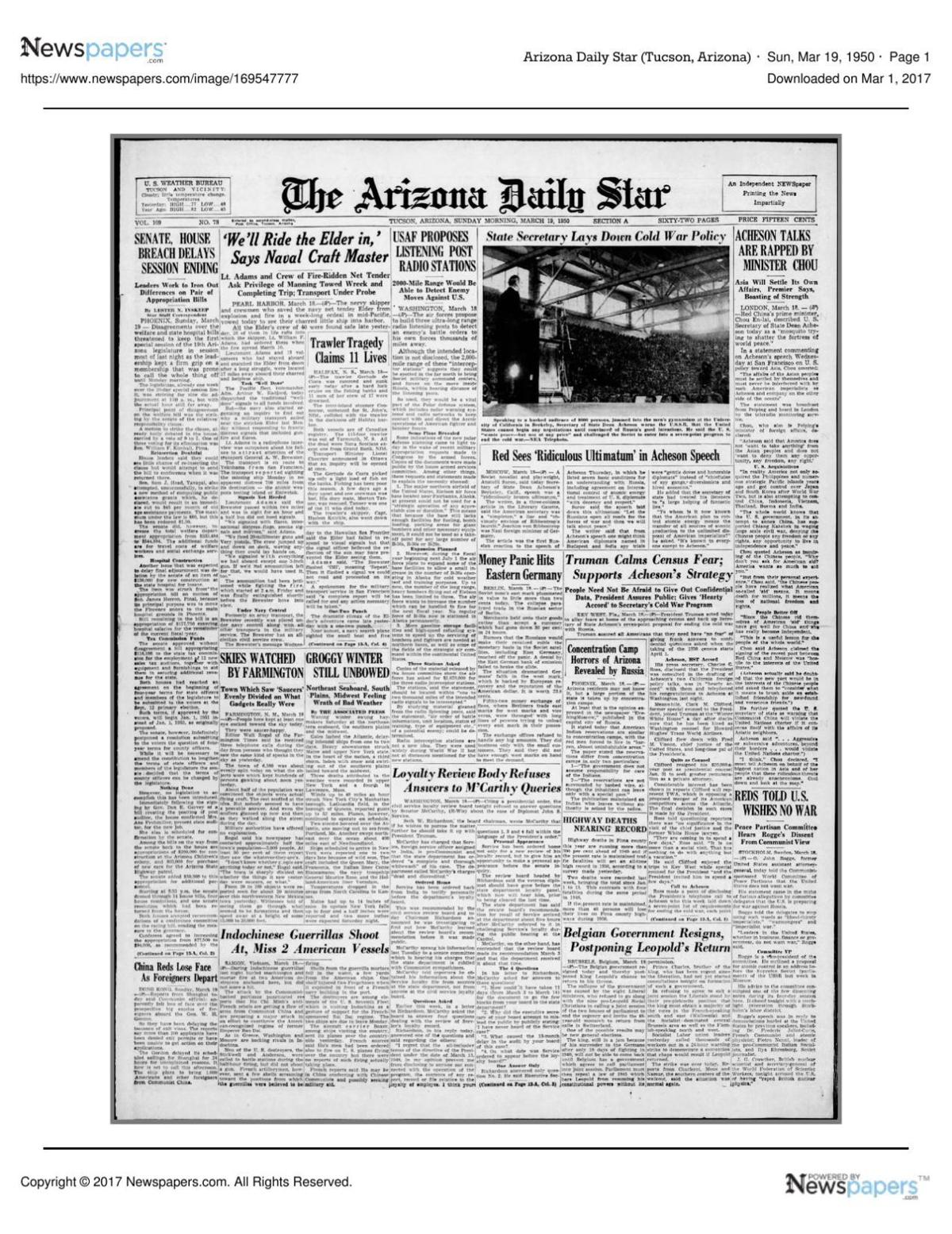 Arizona Daily Star front page March 19, 1950