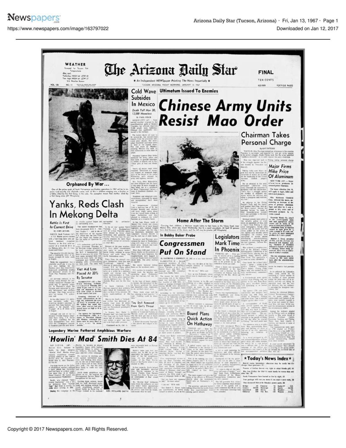 Arizona Daily Star front page Jan. 13, 1967