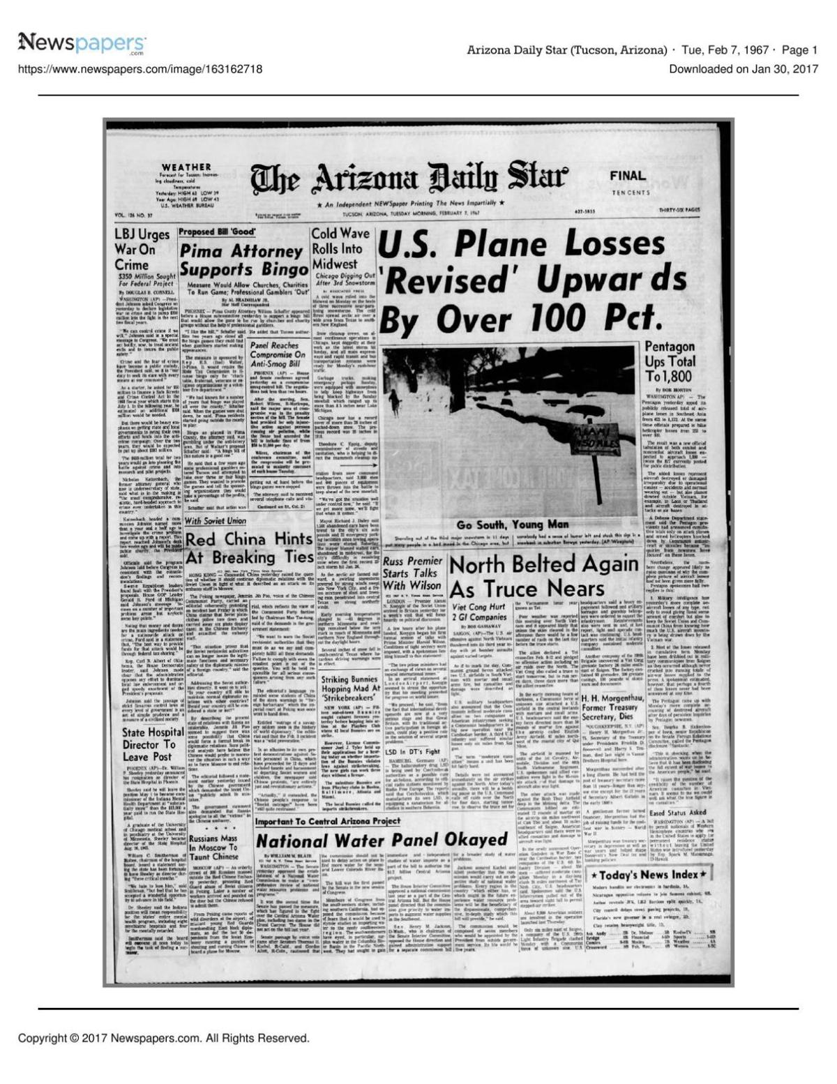 Arizona Daily Star front page Feb. 7, 1967