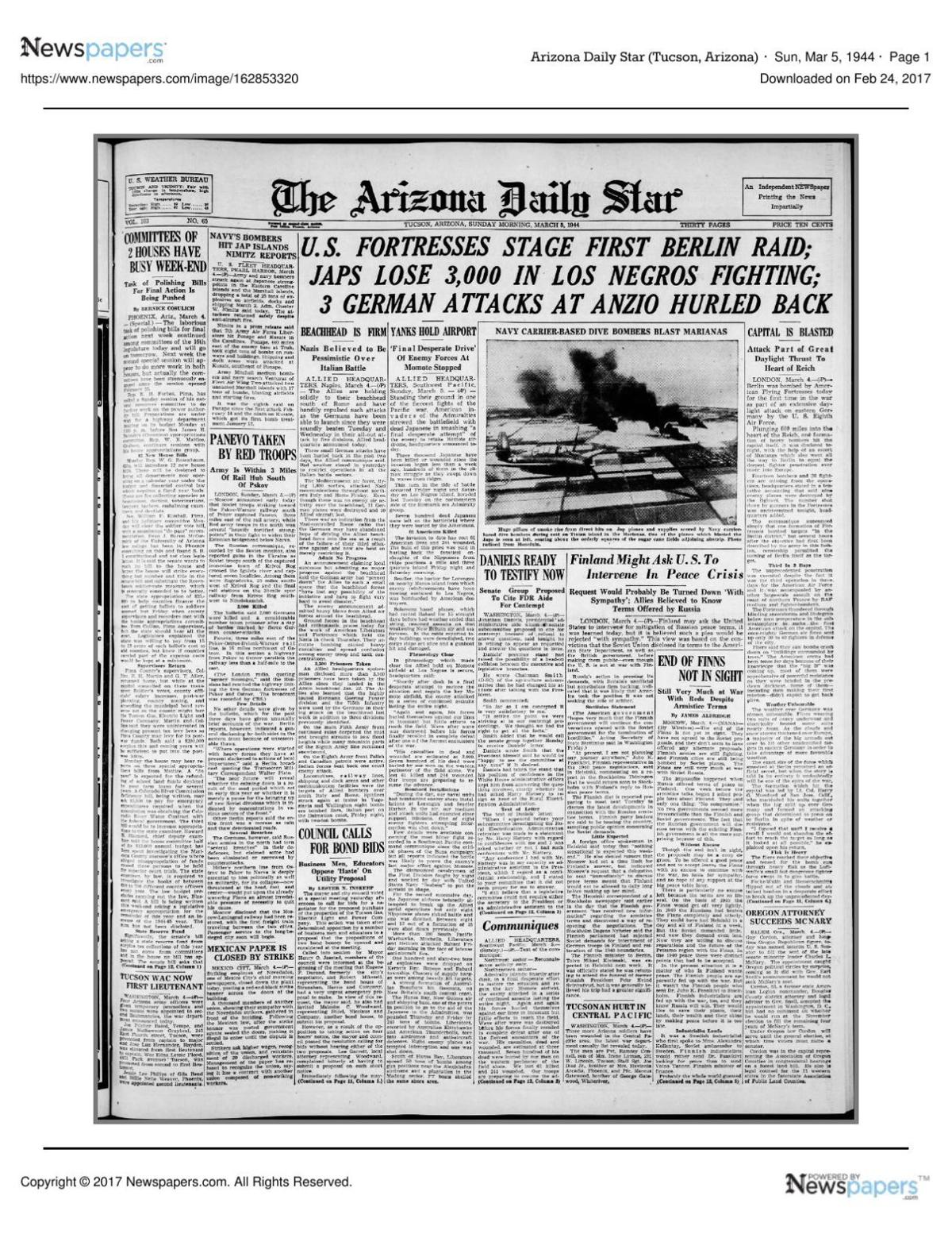 Arizona Daily Star front page March 5, 1944