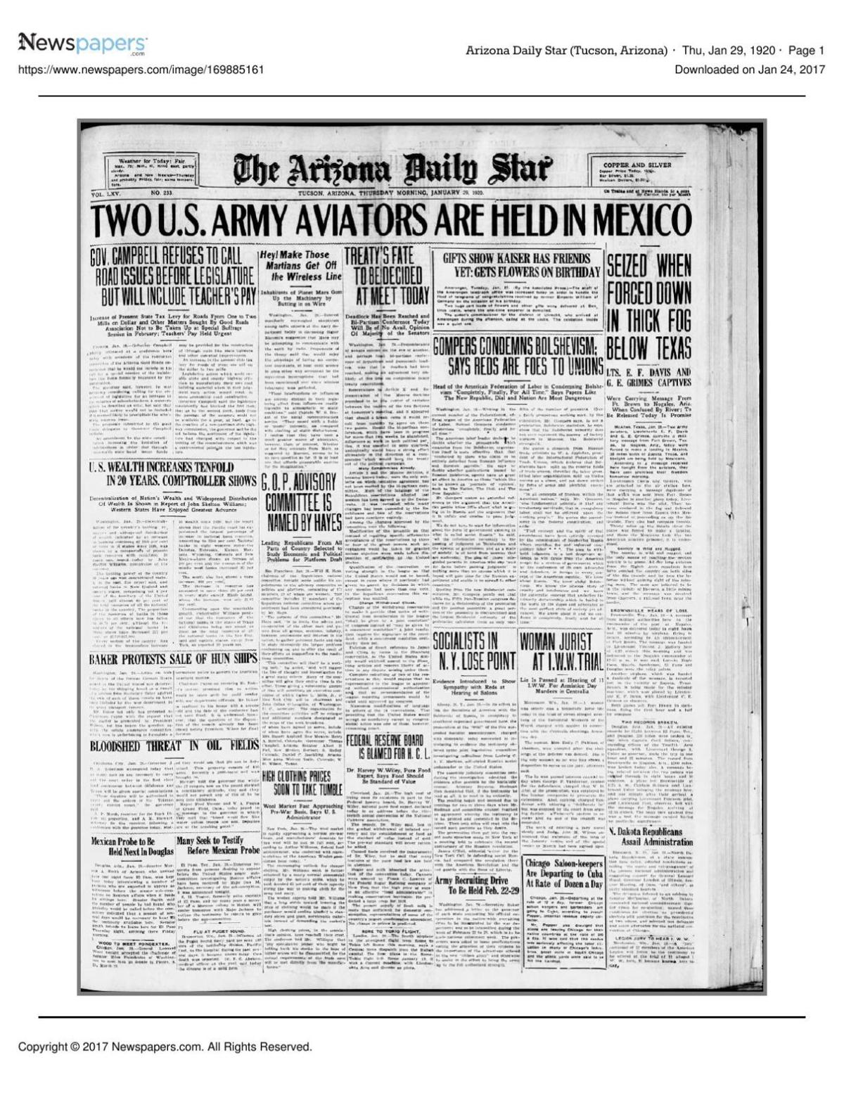 Arizona Daily Star front page Jan. 29, 1920
