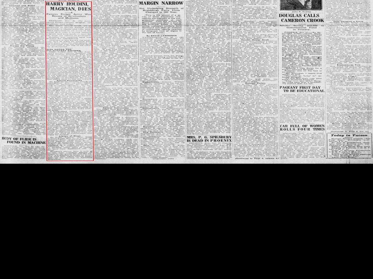 Nov 1 1926 Harry Houdini Is Dead Tucson Com
