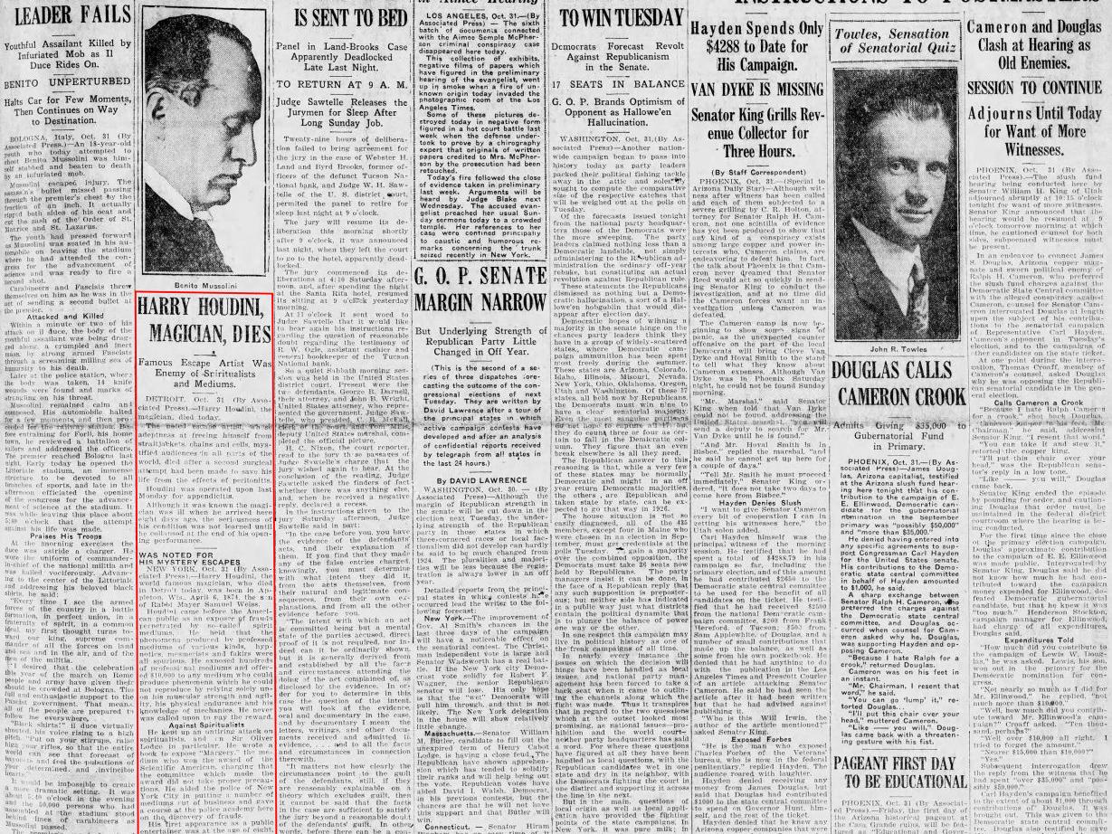 Nov 1 1926 Harry Houdini Is Dead Tucson Com
