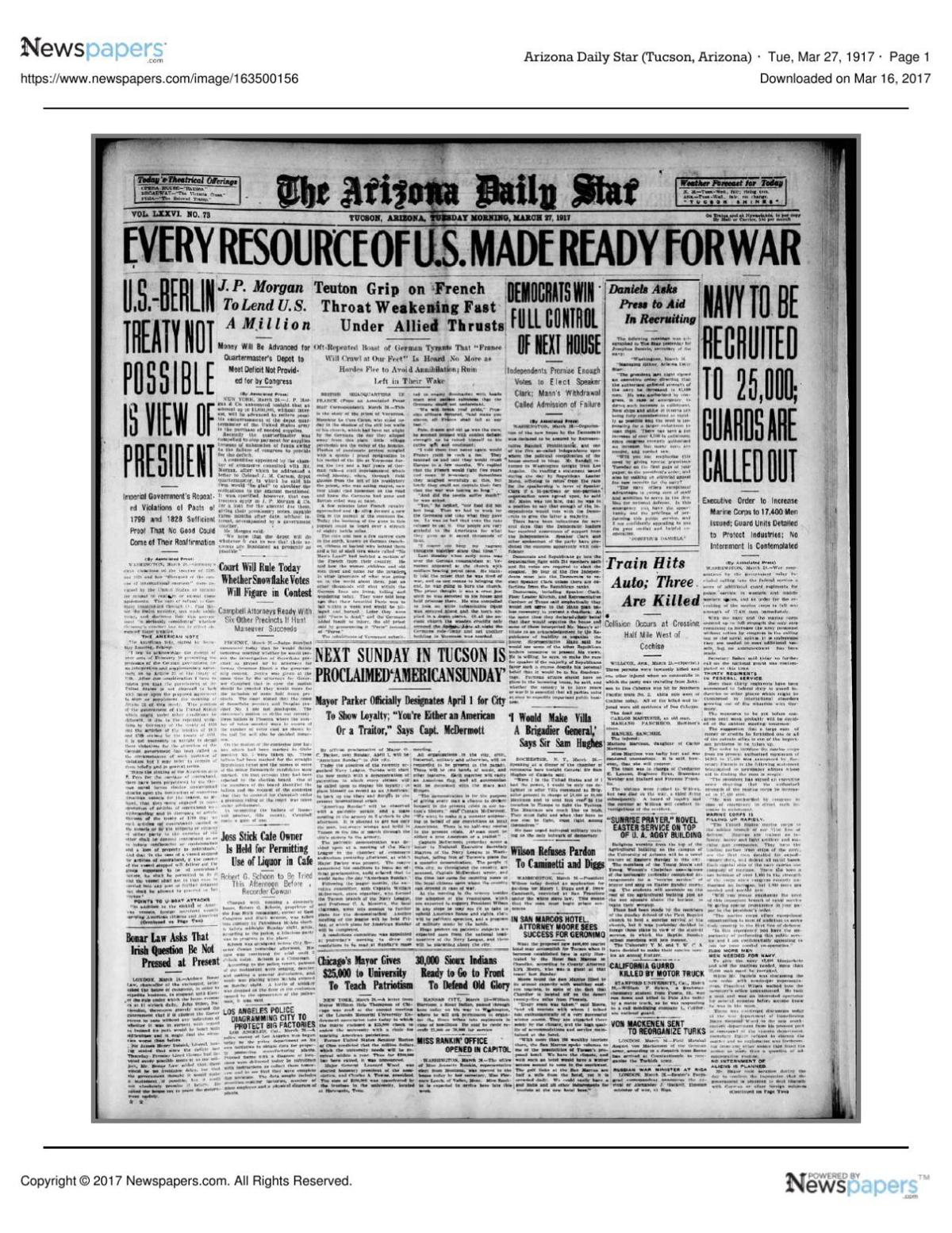 Arizona Daily Star front page March 27, 1917