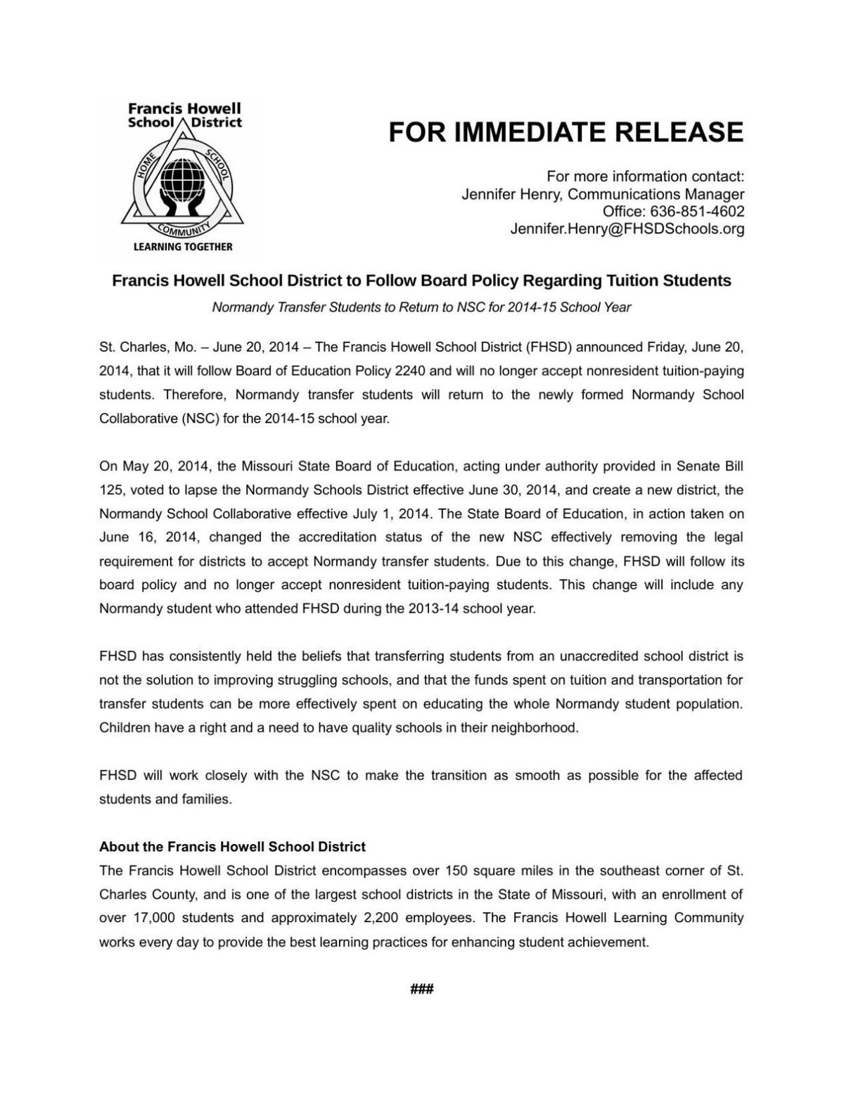 PRESS RELEASE: Francis Howell stops accepting transfers