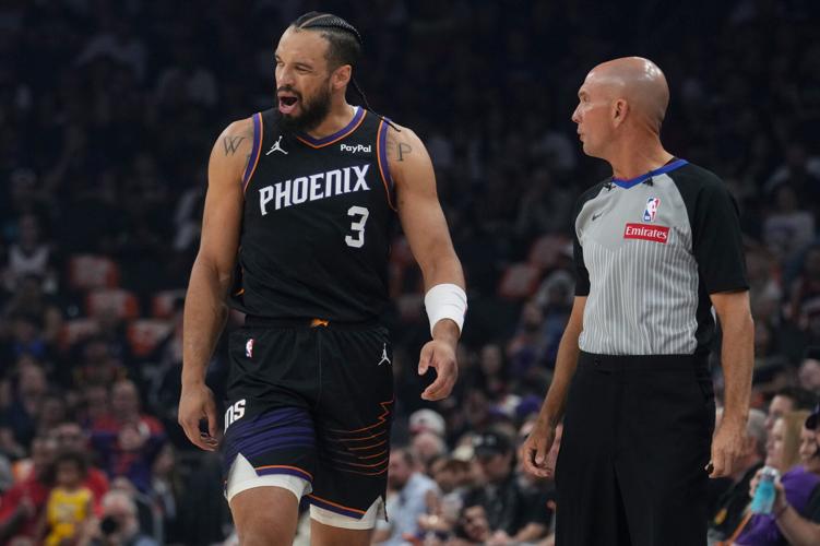 Phoenix Suns forward Dillon Brooks yells out to the referees as they take on the Oklahoma City Thunder during Game 4 of their playoff series at Mortgage Matchup Center in Phoenix on April 27, 2026.