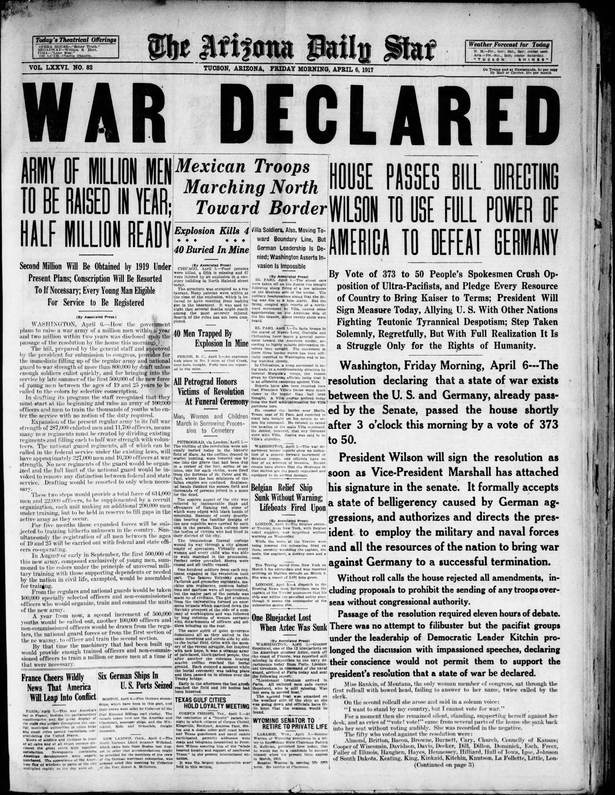 Arizona Daily Star front page April 6, 1917