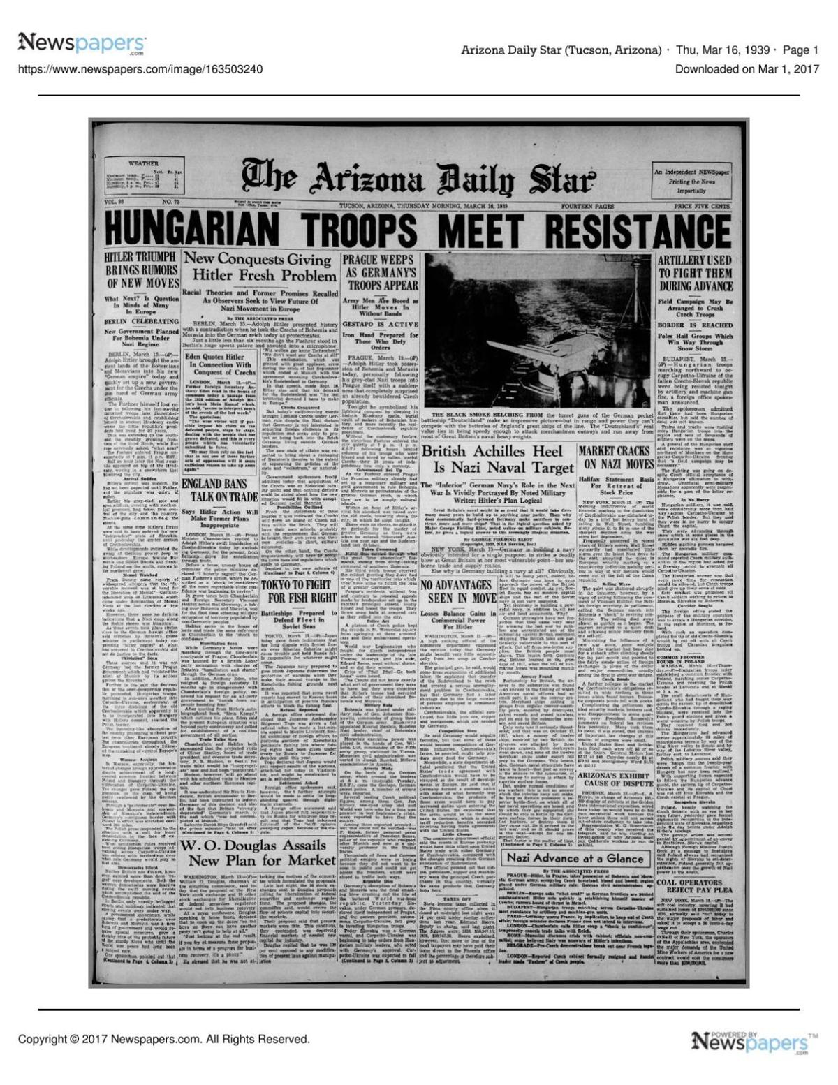 Arizona Daily Star front page March 16, 1939
