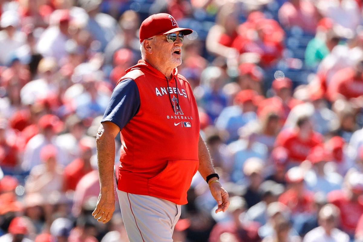Joe Maddon of the Los Angeles Angels reacts during the fifth inning against the Philadelphia Phillies at Citizens Bank Park on June 5, 2022, in Philadelphia.