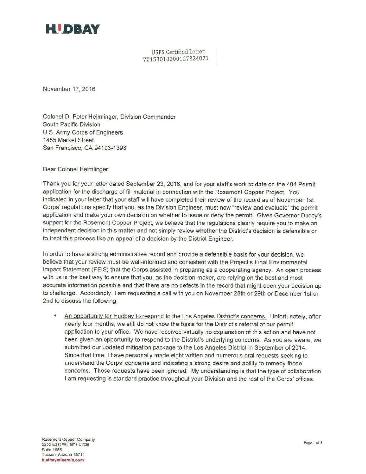 Nov. 17, 2016 letter, Hudbay to Corps
