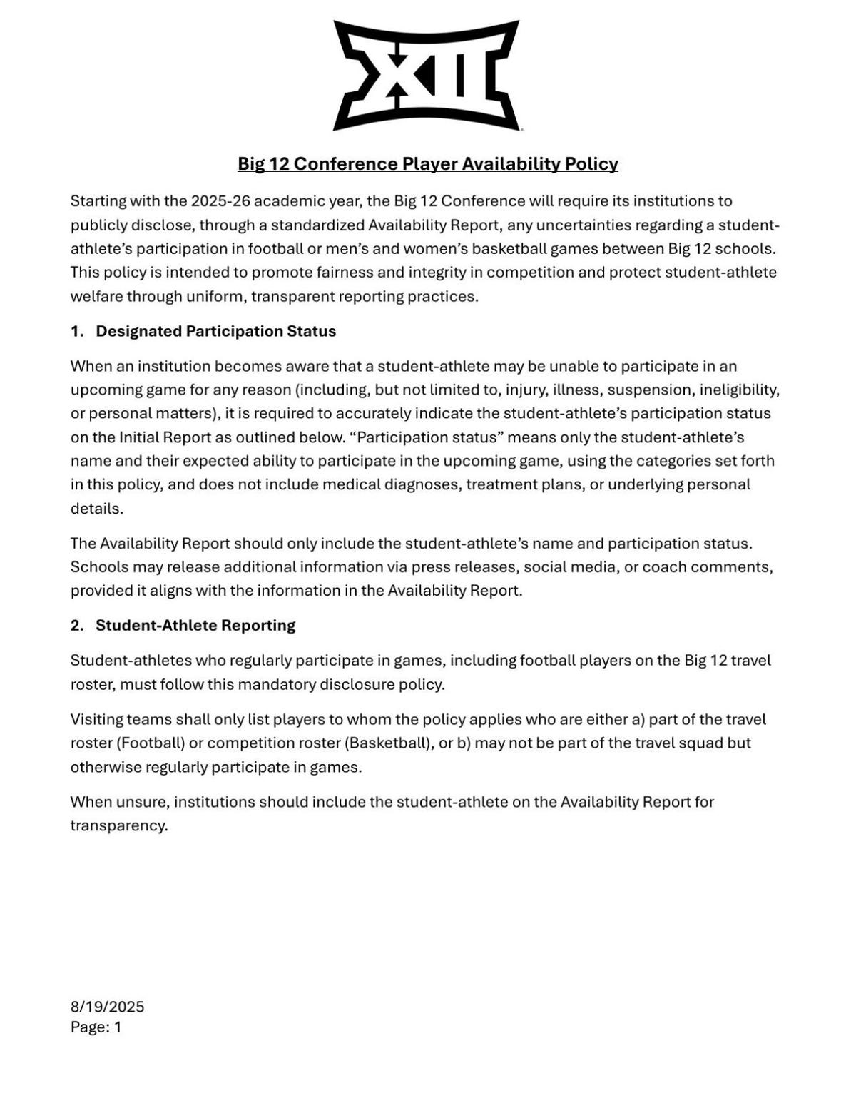 Big 12 player availability report policy