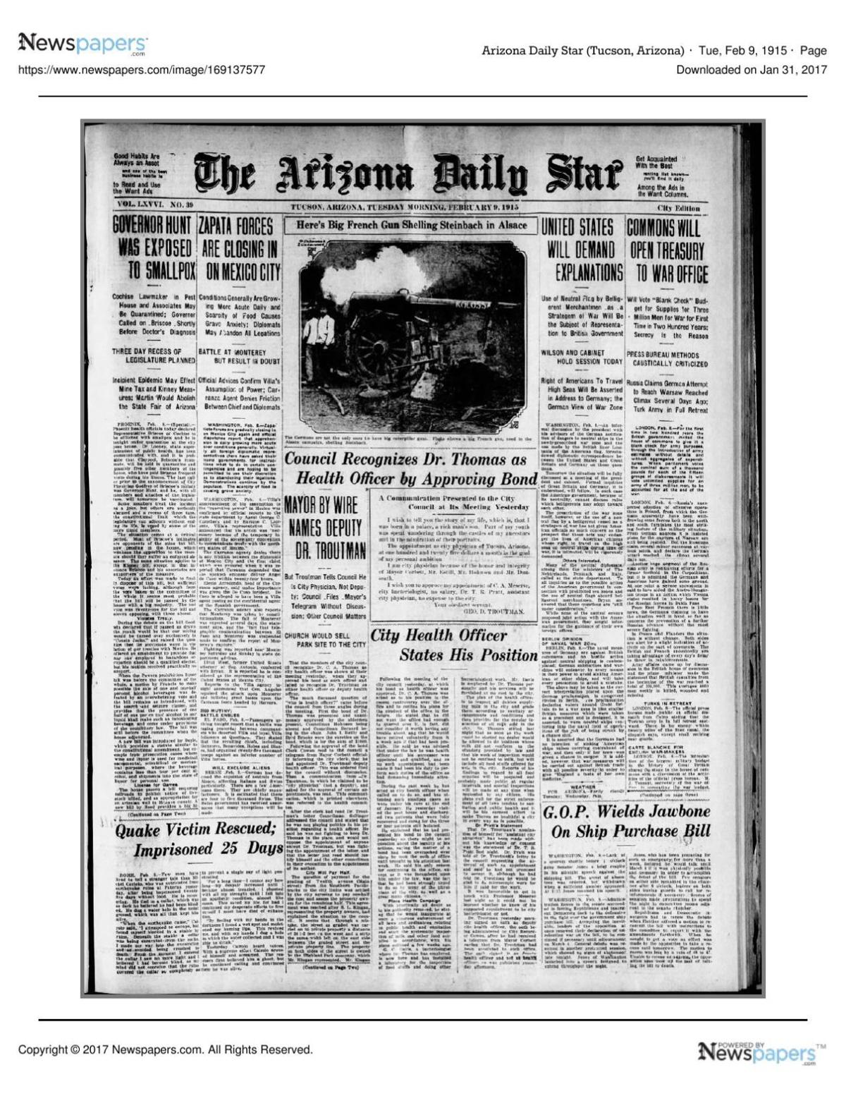 Arizona Daily Star front page Feb. 9, 1915