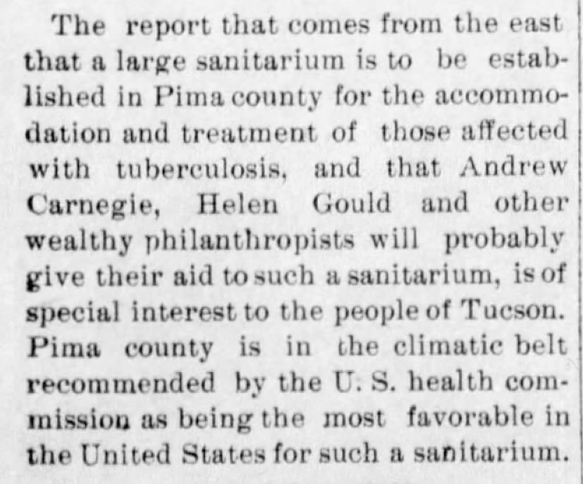 Arizona Daily Star article May 15, 1900, a sanitarium comes to Pima County