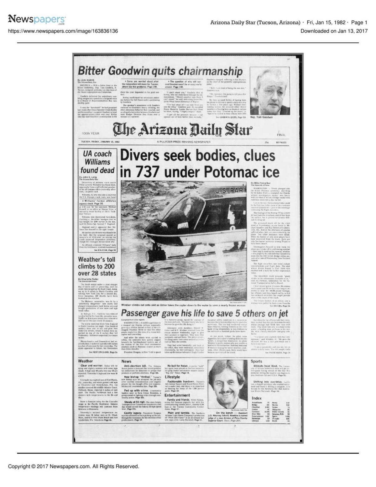 Arizona Daily Star front page Jan. 15, 1982
