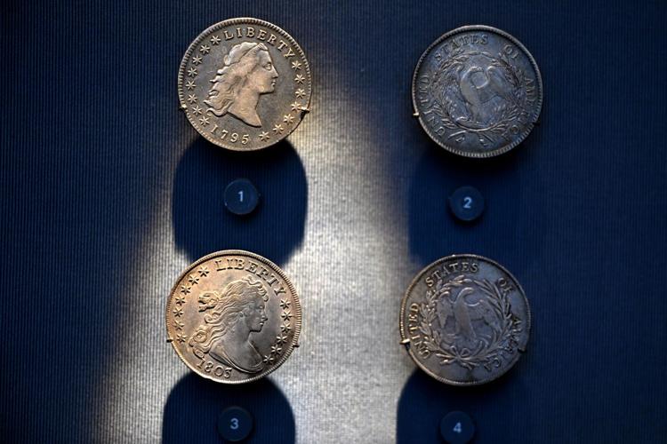 Some of the very first coins minted by the United States– in Philadelphia– on display at the newly redesigned“ Money in Motion” exhibit at the Federal Reserve Bank of Philadelphia Thursday, May 7, 2026.