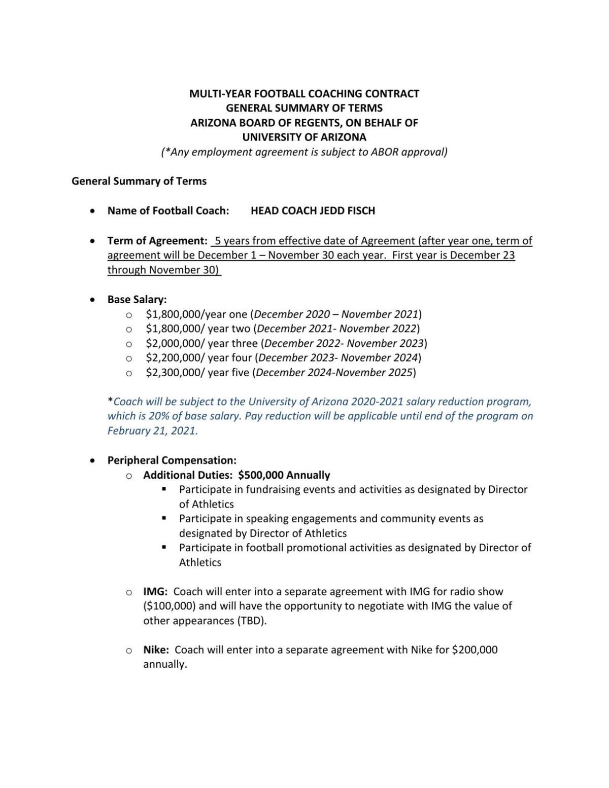 Jedd Fisch's contract term sheet