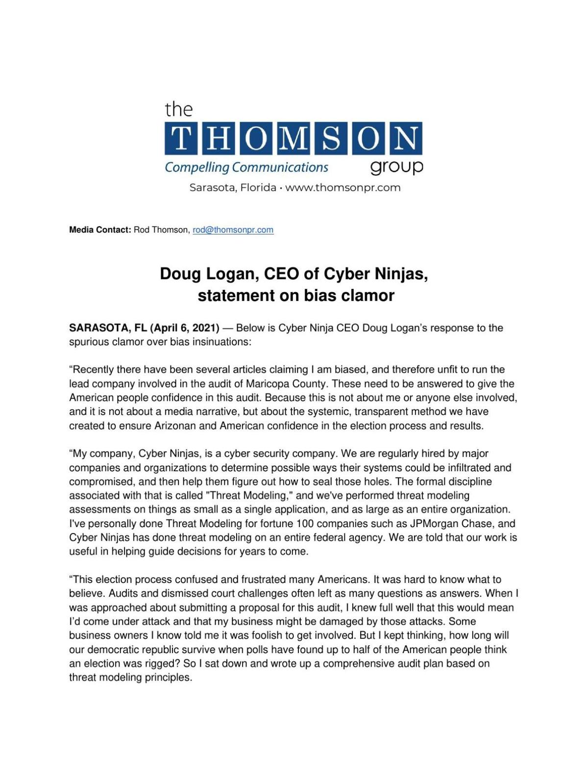 Cyber Ninjas' CEO statement