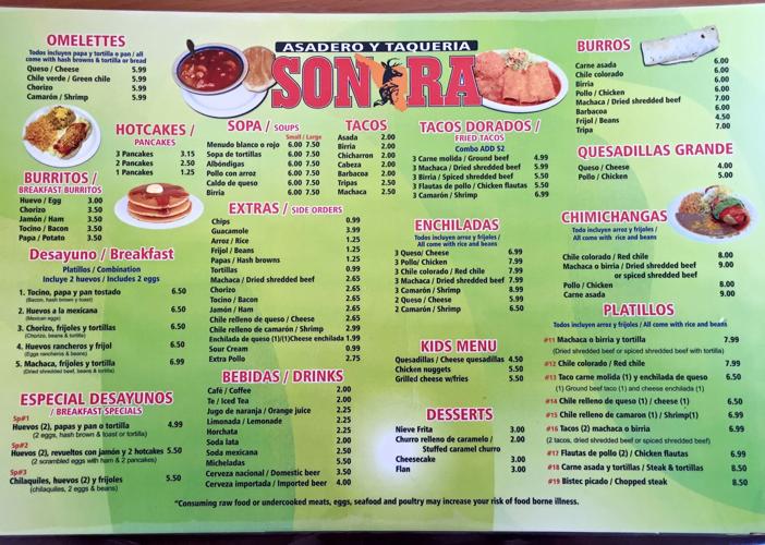 Asadero y Taqueria Sonora menu