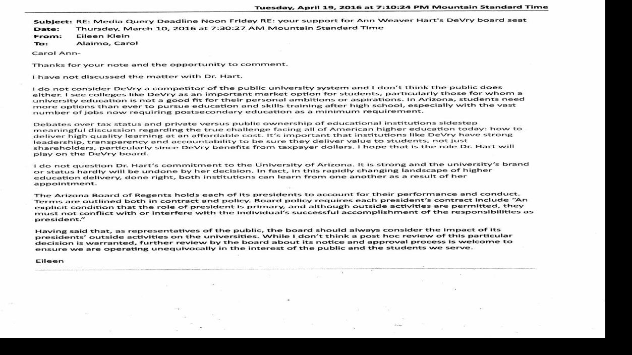 Regents CEO initially defended Hart's DeVry job