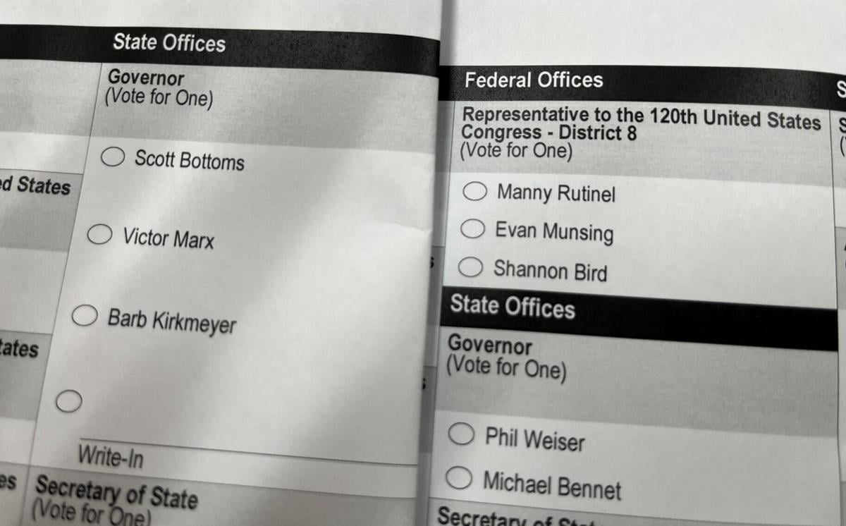 Sample primary election ballots for 2026 show the names of the candidates for Colorado governor and the 8th Congressional