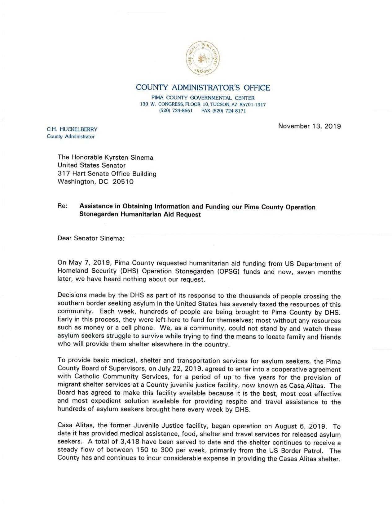 Letter From Pima County To Elected Officials