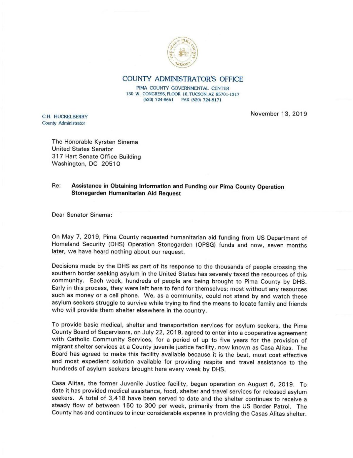 Letter from Pima County to Elected Officials