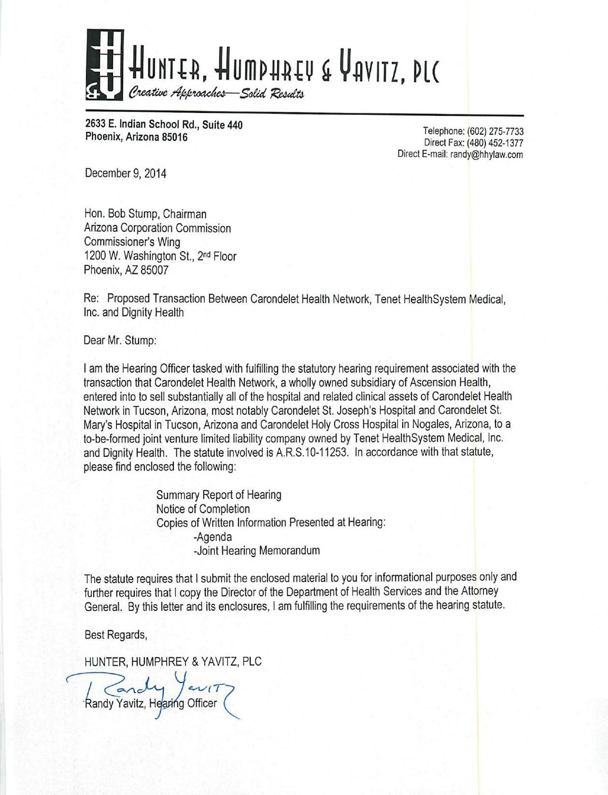 Report on Nov. 12 public hearing about Carondelet ownership change