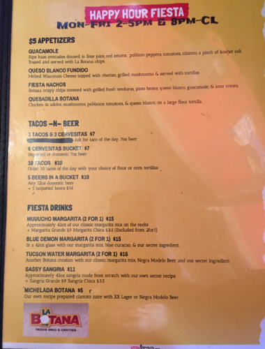 La Botana happy hour menu