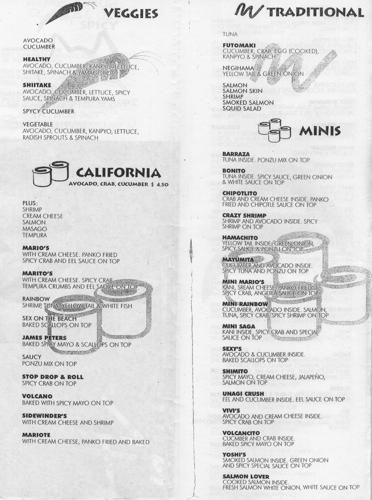 Menu at Sushi Saga