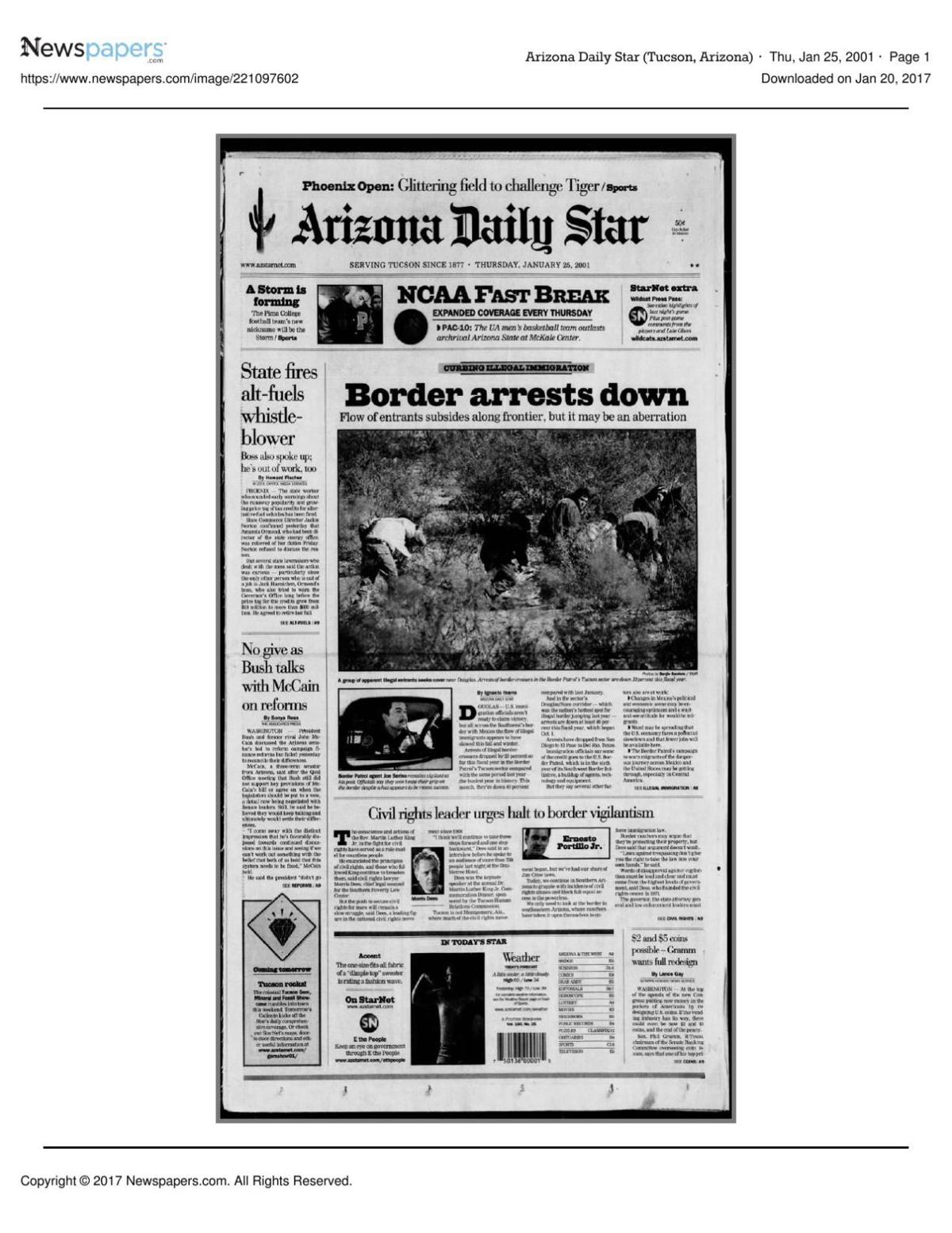 Arizona Daily Star front page Jan. 25, 2001