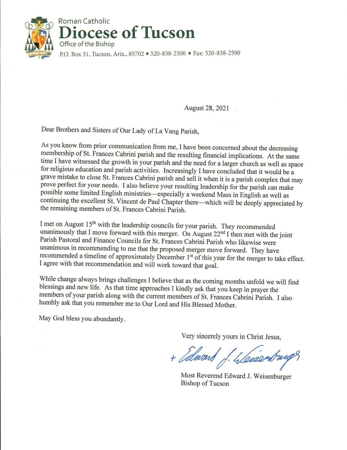 Letter to La Vang parish